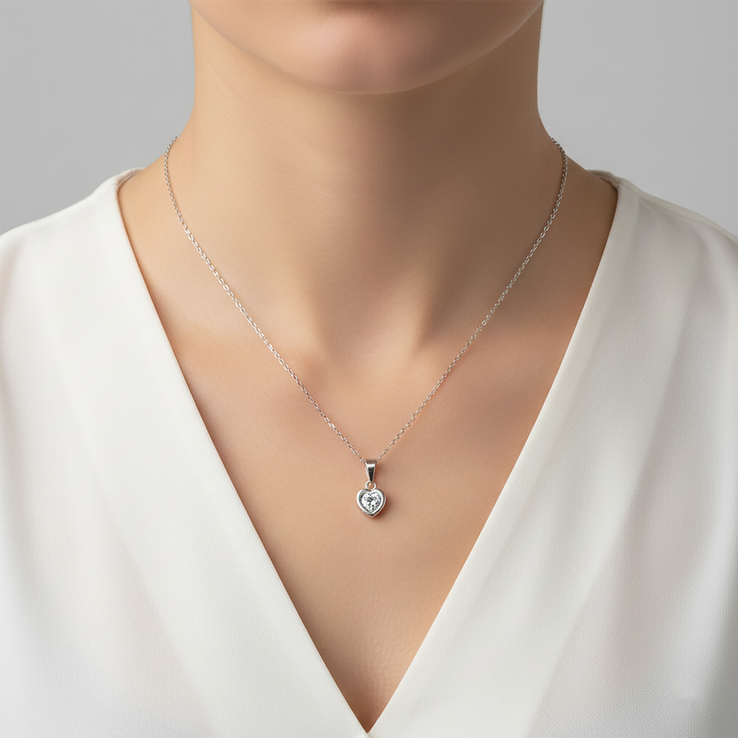 10K White Gold Heart Pendant Necklace, CZ Stone, Dainty Minimalist Design