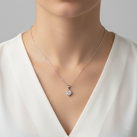 10K White Gold Heart Pendant Necklace, CZ Stone, Dainty Minimalist Design