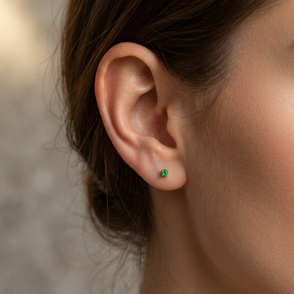 14K Yellow Gold Natural Emerald Stud Earrings, 3mm Emerald Earrings, Solid Gold May Birthstone Earrings, Tiny Emerald Studs, Gift for Her