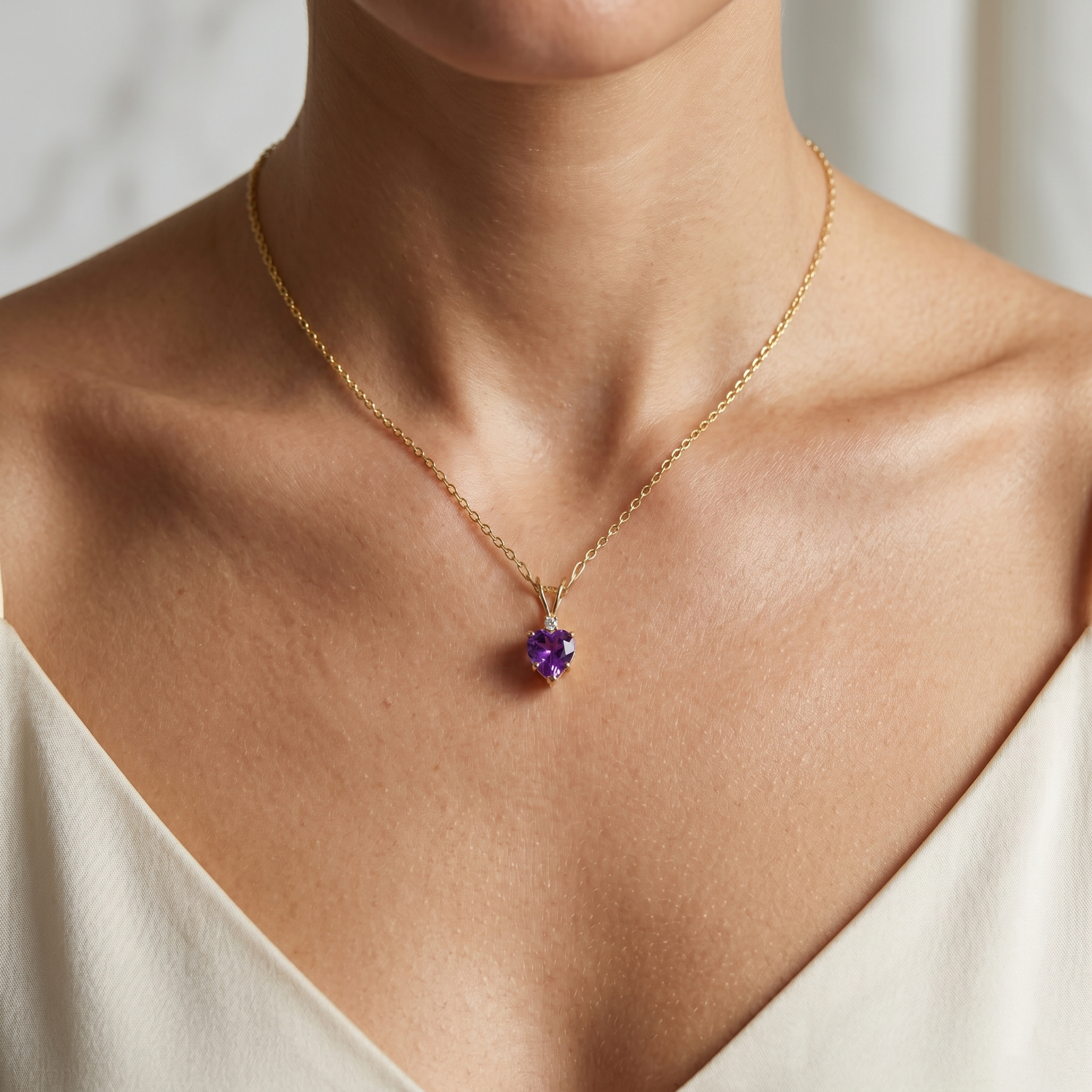 10K Yellow Gold Amethyst Heart Pendant, Genuine Amethyst Necklace, Heart Shaped Purple Gemstone Pendant, February Birthstone Jewelry