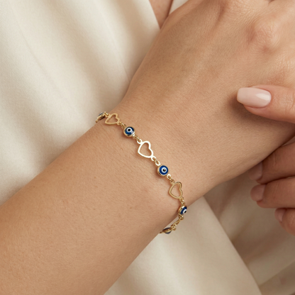 10K Yellow Gold Evil Eye & Heart Bracelet | Amulet Charm, Meaningful Gift