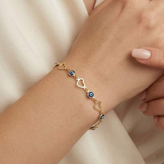 10K Yellow Gold Evil Eye & Heart Bracelet | Amulet Charm, Meaningful Gift