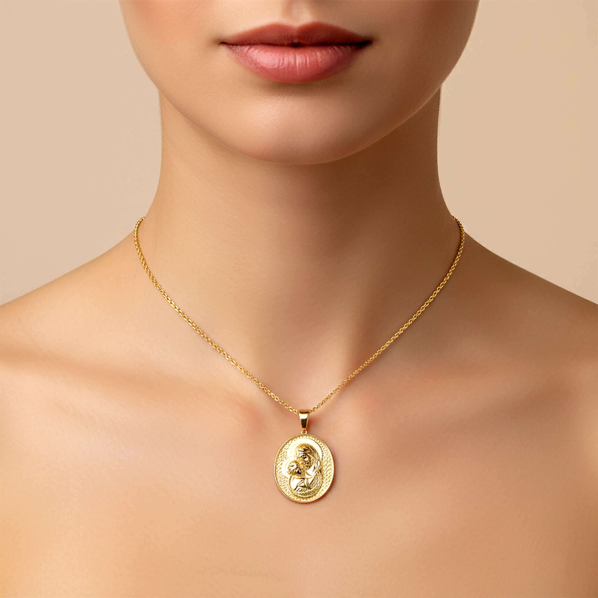 Textured Virgin Mary and Baby Jesus 10K Yellow Gold Medallion Pendant