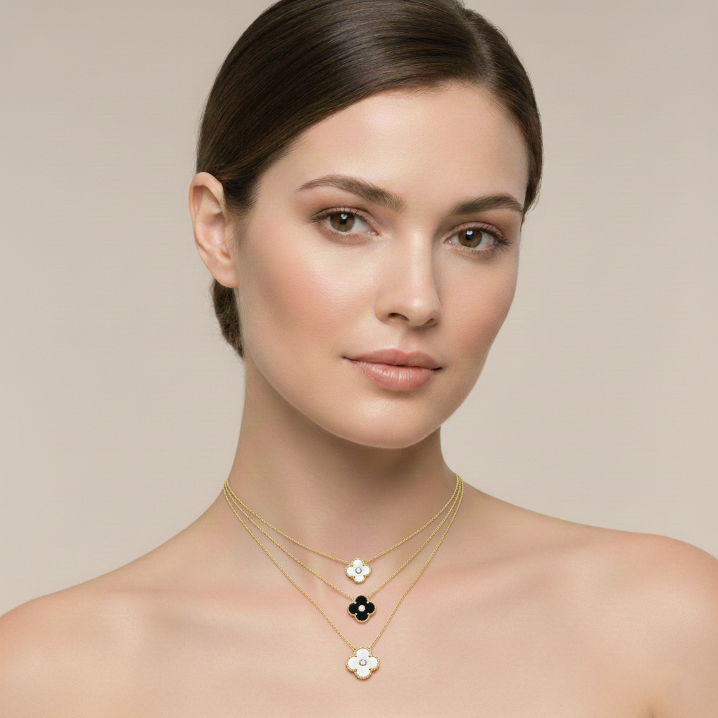 10K Gold Flower Necklace, Mother of Pearl & Onyx Floral Pendant