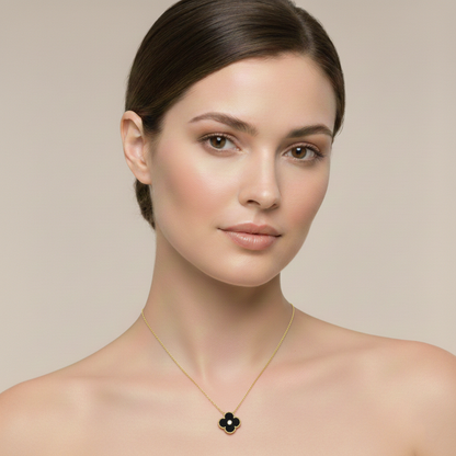 10K Gold Flower Necklace, Mother of Pearl & Onyx Floral Pendant