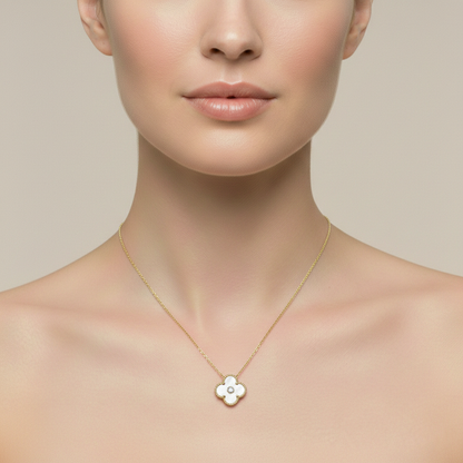 10K Gold Flower Necklace, Mother of Pearl & Onyx Floral Pendant