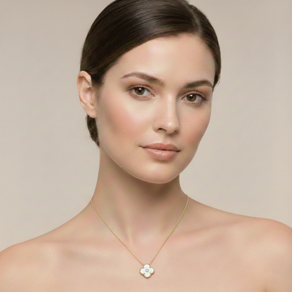 10K Gold Flower Necklace, Mother of Pearl & Onyx Floral Pendant
