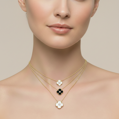 10K Gold Flower Necklace, Mother of Pearl & Onyx Floral Pendant