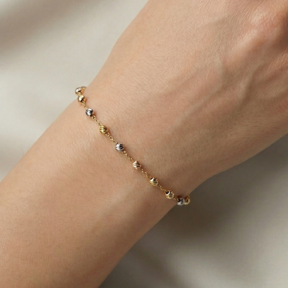 18K Yellow Gold Ball Bracelet, Tri-Color Bead Chain, Dainty Jewelry