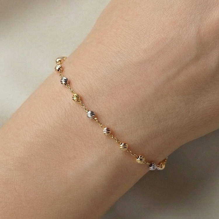 18K Yellow Gold Ball Bracelet, Tri-Color Bead Chain, Dainty Jewelry