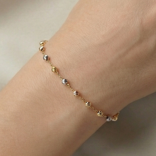 18K Yellow Gold Ball Bracelet, Tri-Color Bead Chain, Dainty Jewelry