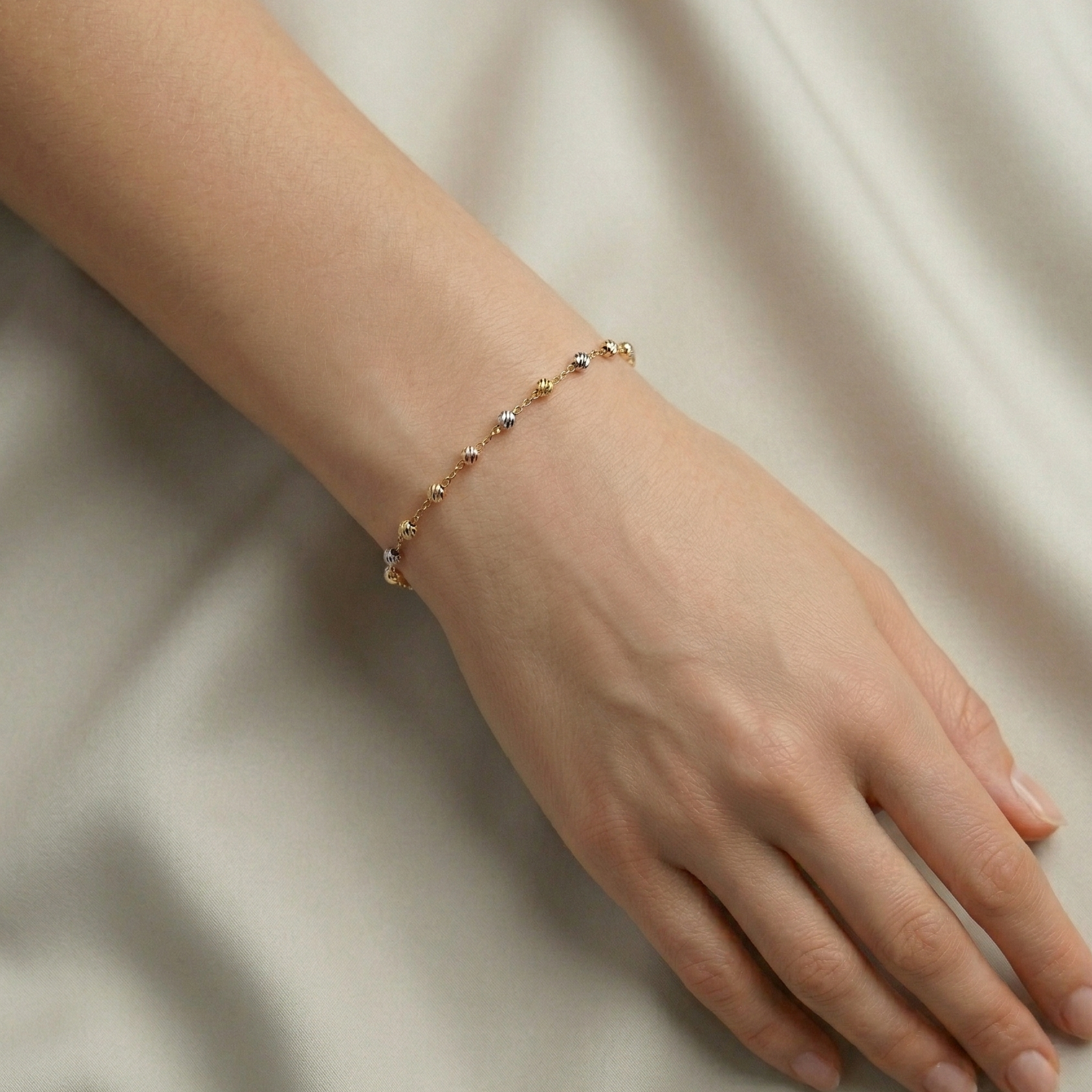 18K Yellow Gold Ball Bracelet, Tri-Color Bead Chain, Dainty Jewelry