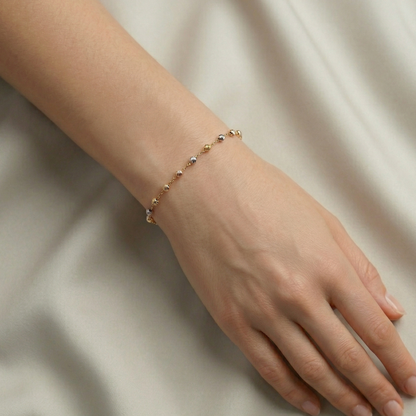 18K Yellow Gold Ball Bracelet, Tri-Color Bead Chain, Dainty Jewelry