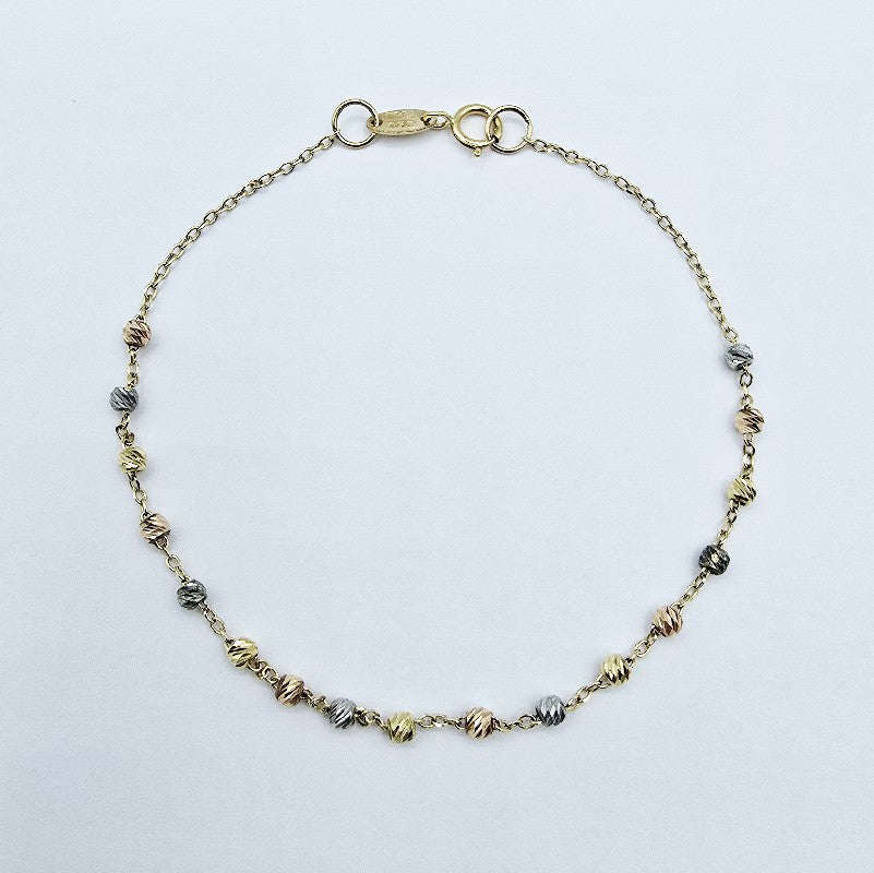 18K Yellow Gold Ball Bracelet 7.25 Inch, Tri-Color Gold Bead Bracelet, Solid Gold Dainty Chain Bracelet, Everyday Jewelry, Gift for Her