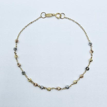 18K Yellow Gold Ball Bracelet 7.25 Inch, Tri-Color Gold Bead Bracelet, Solid Gold Dainty Chain Bracelet, Everyday Jewelry, Gift for Her