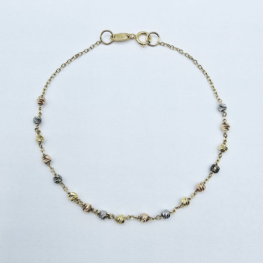 18K Yellow Gold Ball Bracelet 7.25 Inch, Tri-Color Gold Bead Bracelet, Solid Gold Dainty Chain Bracelet, Everyday Jewelry, Gift for Her