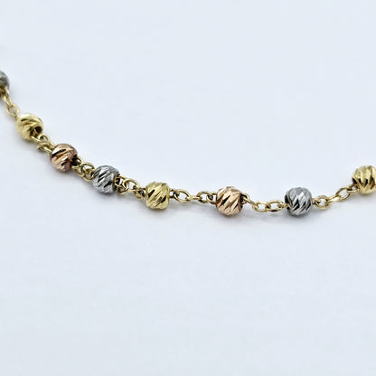 18K Yellow Gold Ball Bracelet 7.25 Inch, Tri-Color Gold Bead Bracelet, Solid Gold Dainty Chain Bracelet, Everyday Jewelry, Gift for Her