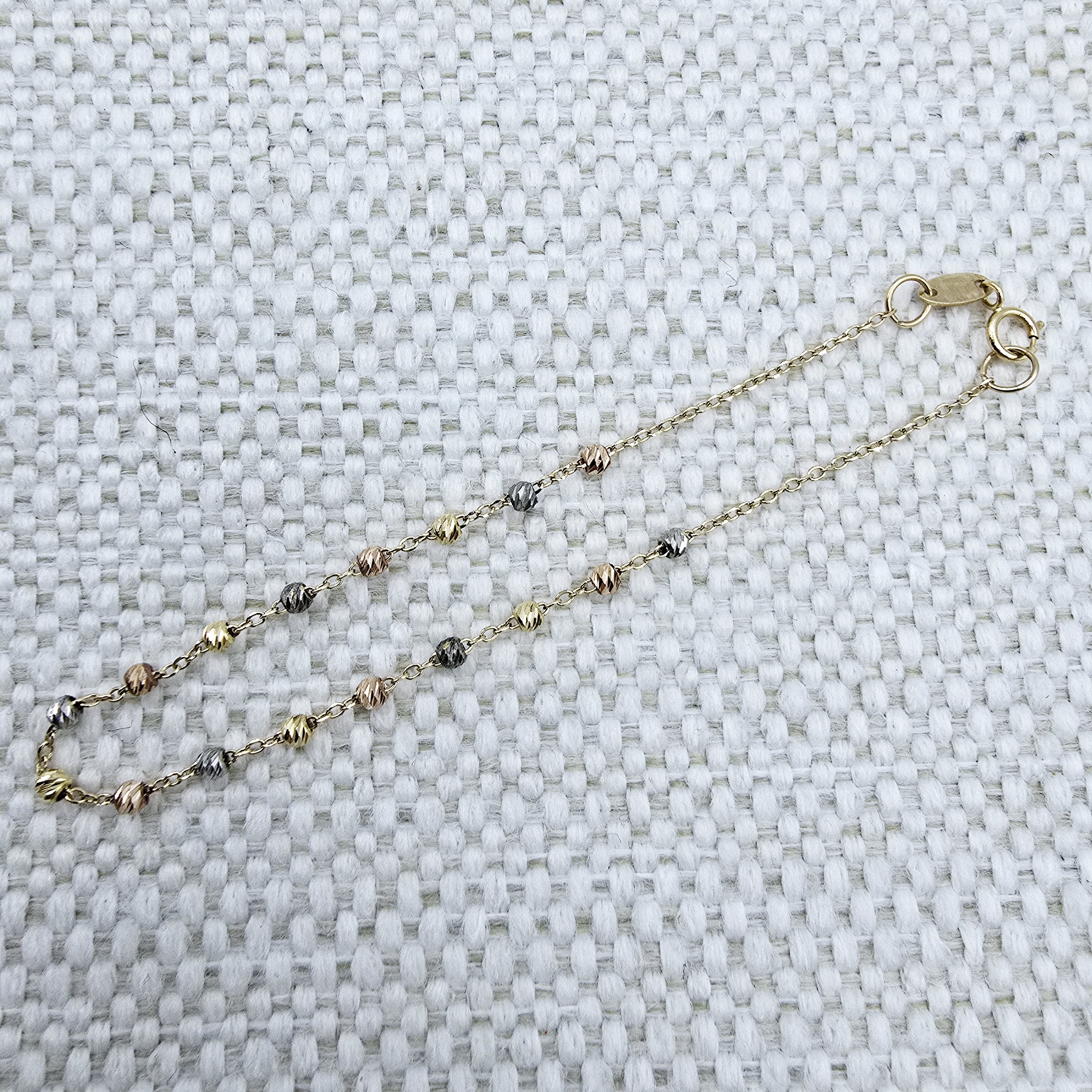 18K Yellow Gold Ball Bracelet 7.25 Inch, Tri-Color Gold Bead Bracelet, Solid Gold Dainty Chain Bracelet, Everyday Jewelry, Gift for Her
