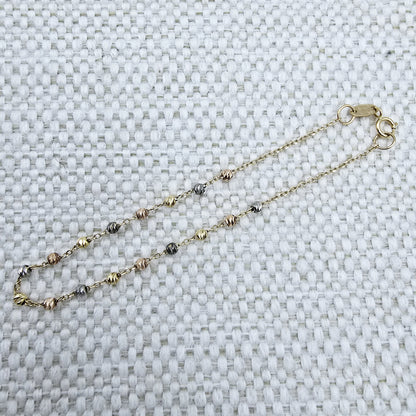 18K Yellow Gold Ball Bracelet 7.25 Inch, Tri-Color Gold Bead Bracelet, Solid Gold Dainty Chain Bracelet, Everyday Jewelry, Gift for Her