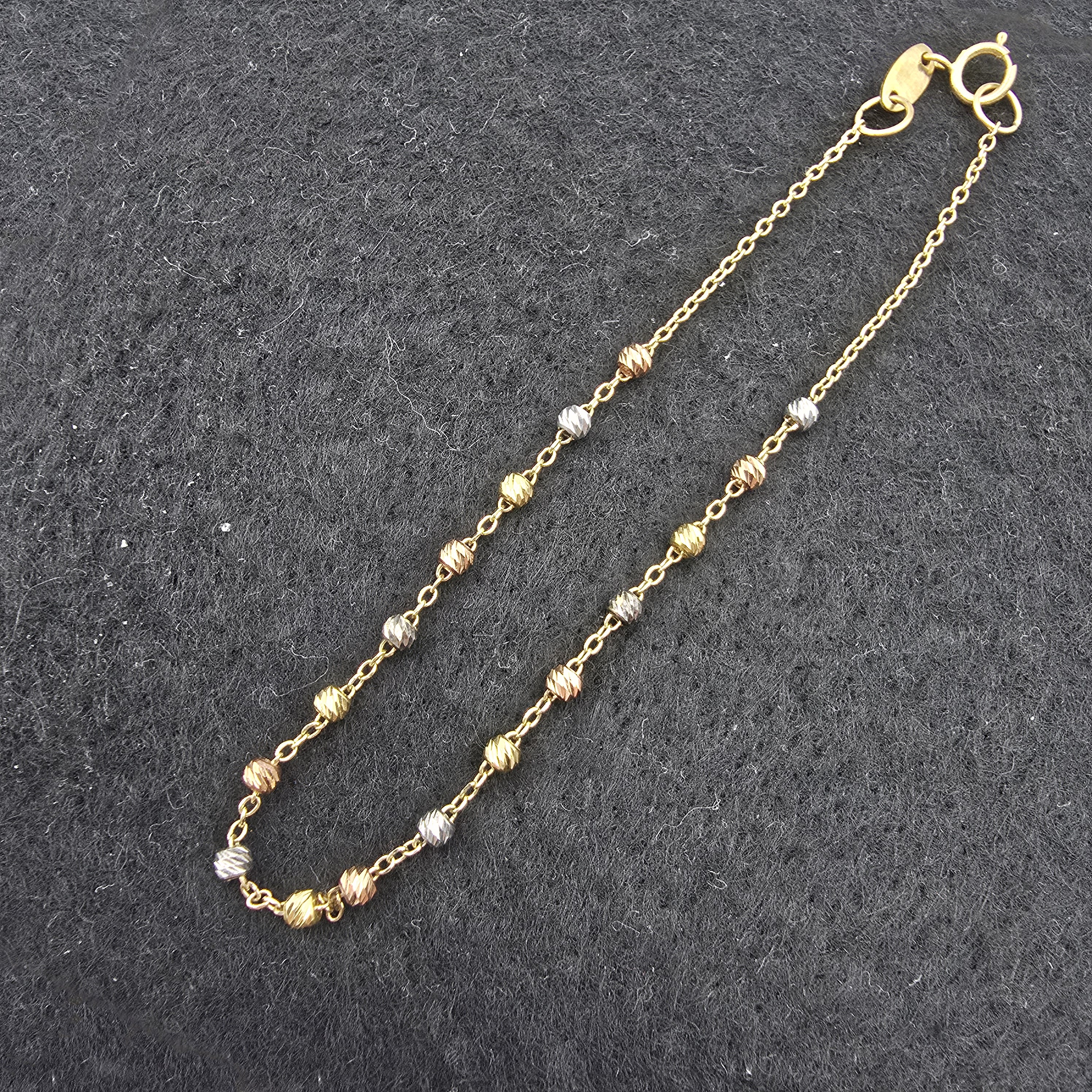 18K Yellow Gold Ball Bracelet 7.25 Inch, Tri-Color Gold Bead Bracelet, Solid Gold Dainty Chain Bracelet, Everyday Jewelry, Gift for Her