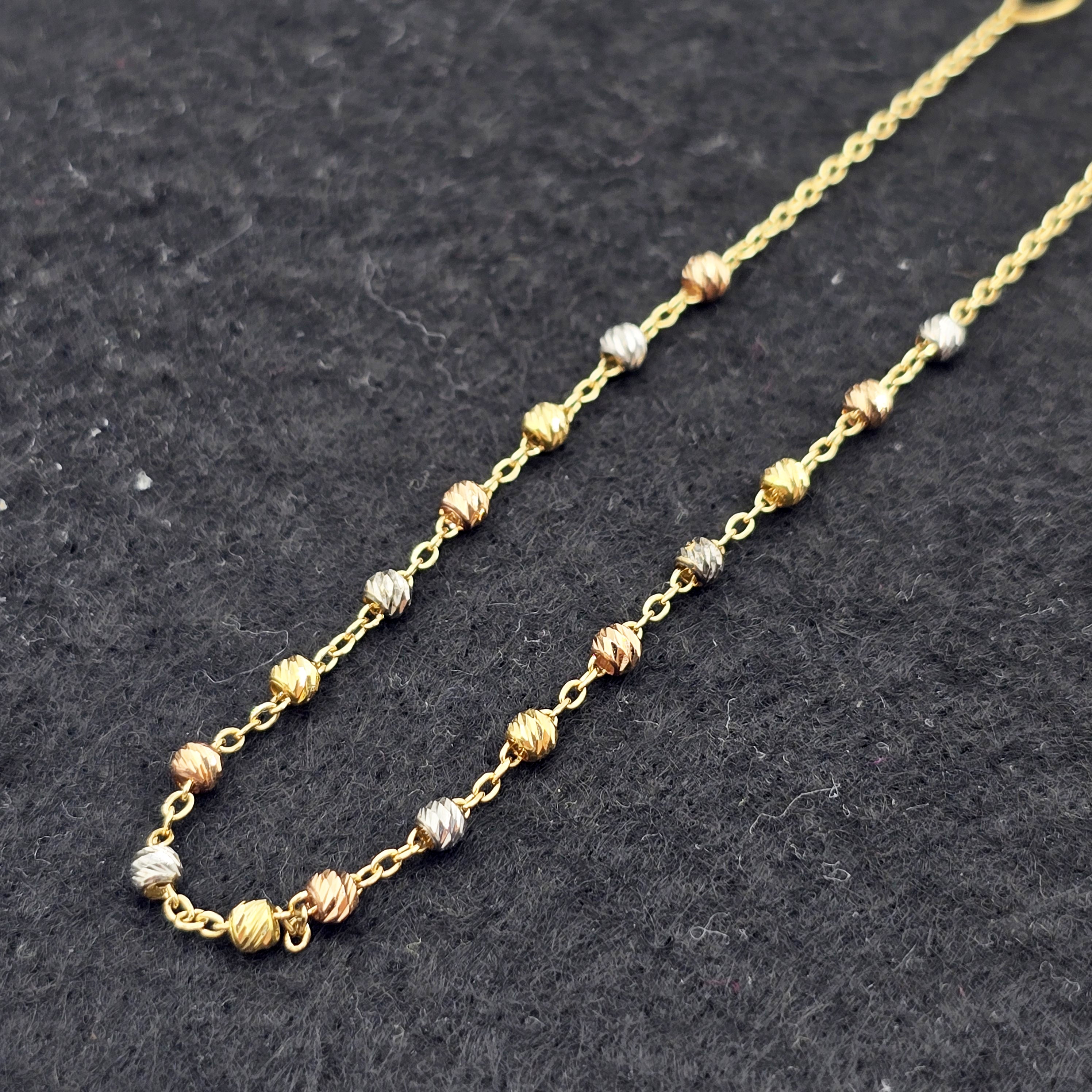 18K Yellow Gold Ball Bracelet 7.25 Inch, Tri-Color Gold Bead Bracelet, Solid Gold Dainty Chain Bracelet, Everyday Jewelry, Gift for Her