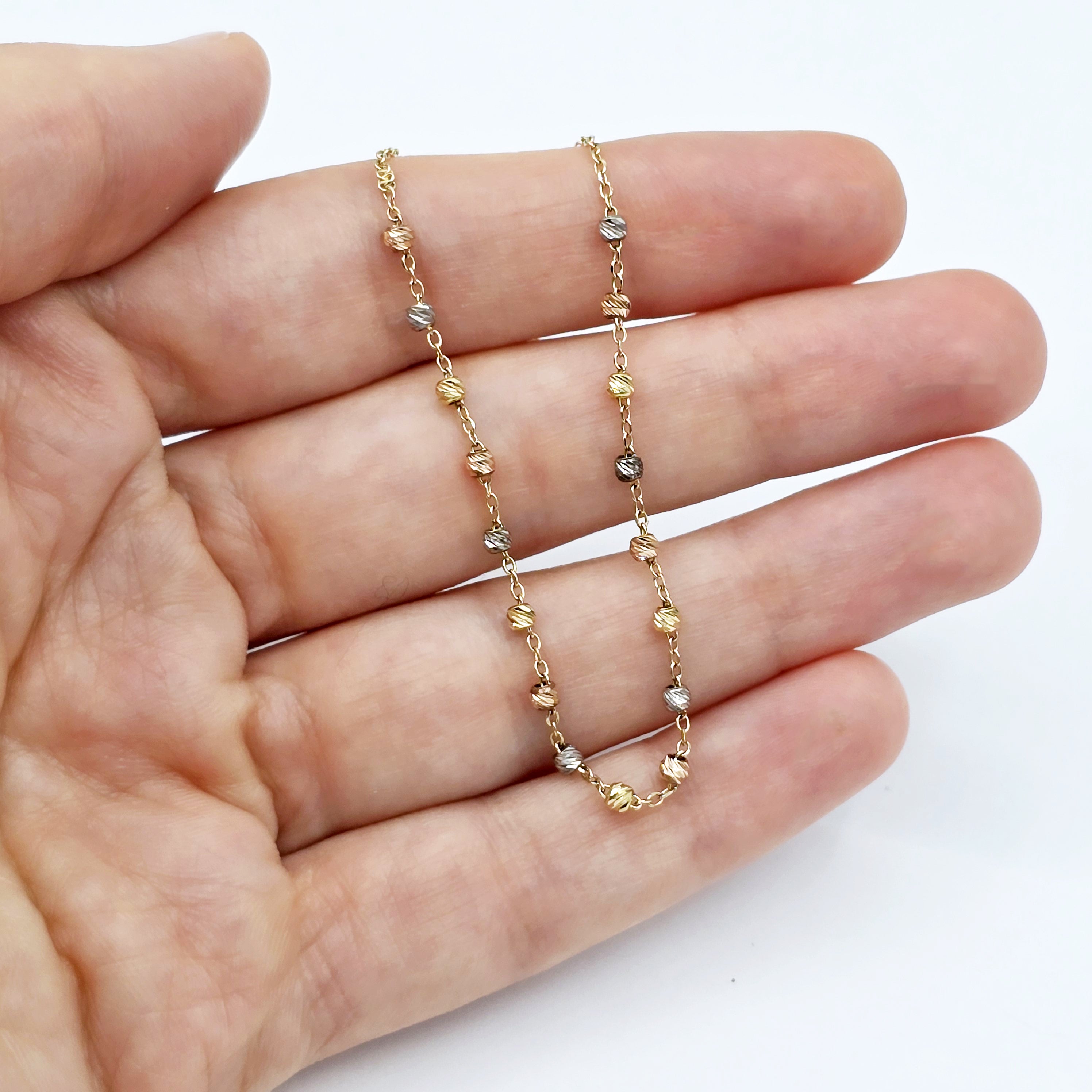 18K Yellow Gold Ball Bracelet 7.25 Inch, Tri-Color Gold Bead Bracelet, Solid Gold Dainty Chain Bracelet, Everyday Jewelry, Gift for Her