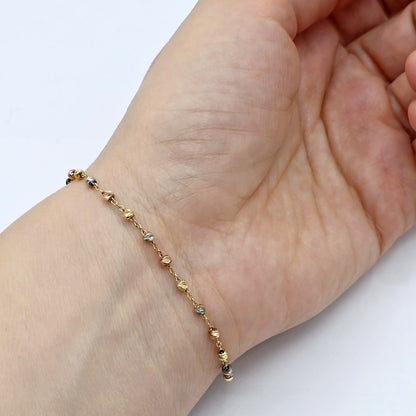 18K Yellow Gold Ball Bracelet 7.25 Inch, Tri-Color Gold Bead Bracelet, Solid Gold Dainty Chain Bracelet, Everyday Jewelry, Gift for Her