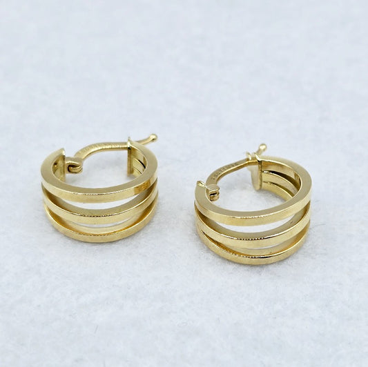 18K Yellow Gold Hoop Earrings, Elegant Triple-Band Design