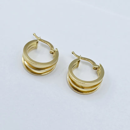 18K Yellow Gold Hoop Earrings, Elegant Triple-Band Design