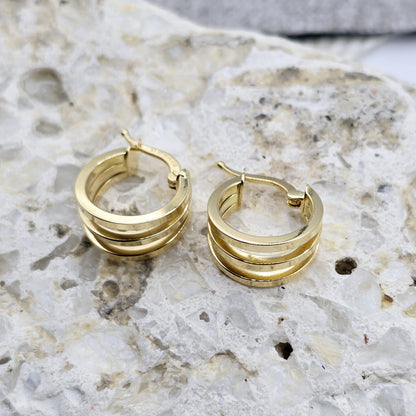 18K Yellow Gold Hoop Earrings, Elegant Triple-Band Design