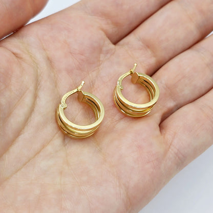 18K Yellow Gold Hoop Earrings, Elegant Triple-Band Design
