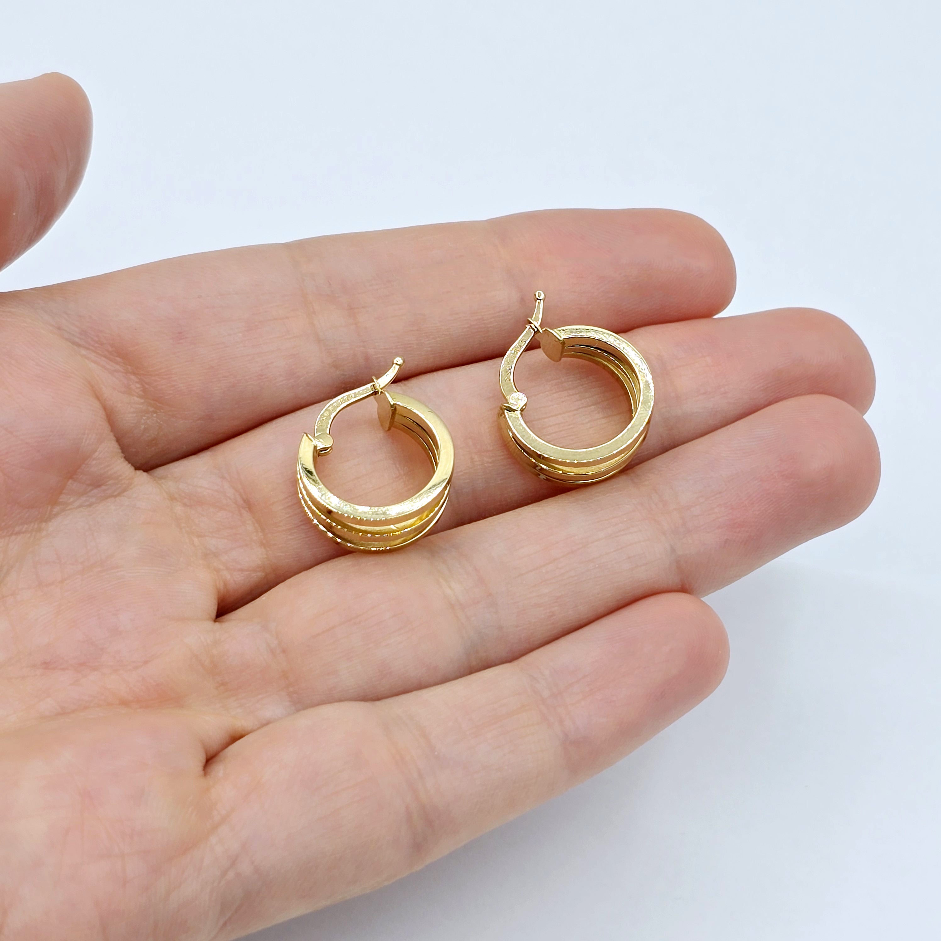 18K Yellow Gold Hoop Earrings, Elegant Triple-Band Design