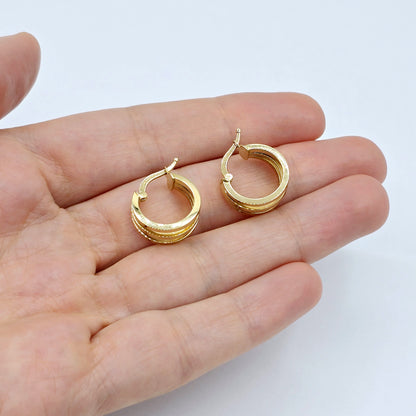 18K Yellow Gold Hoop Earrings, Elegant Triple-Band Design