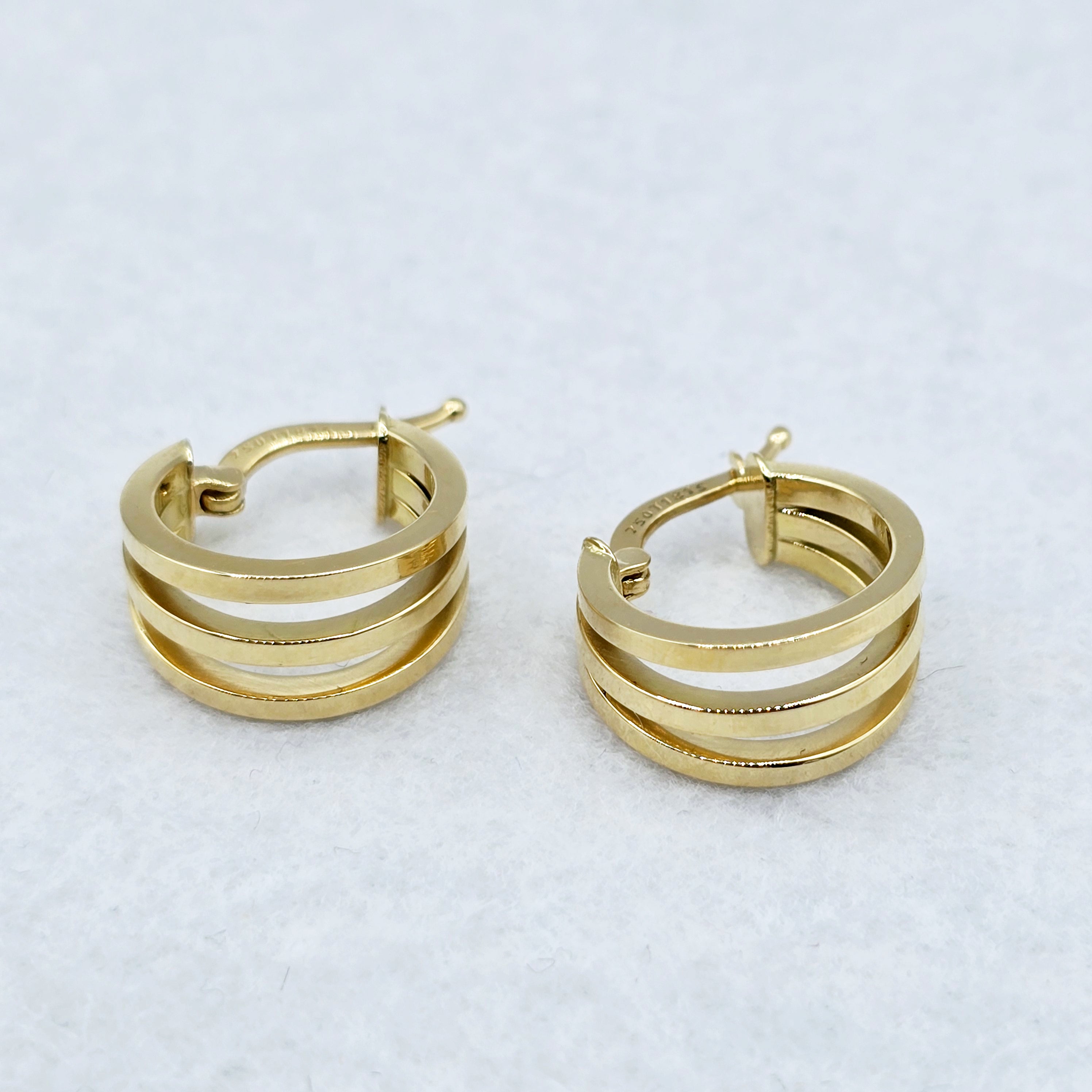 18K Yellow Gold Hoop Earrings, Elegant Triple-Band Design