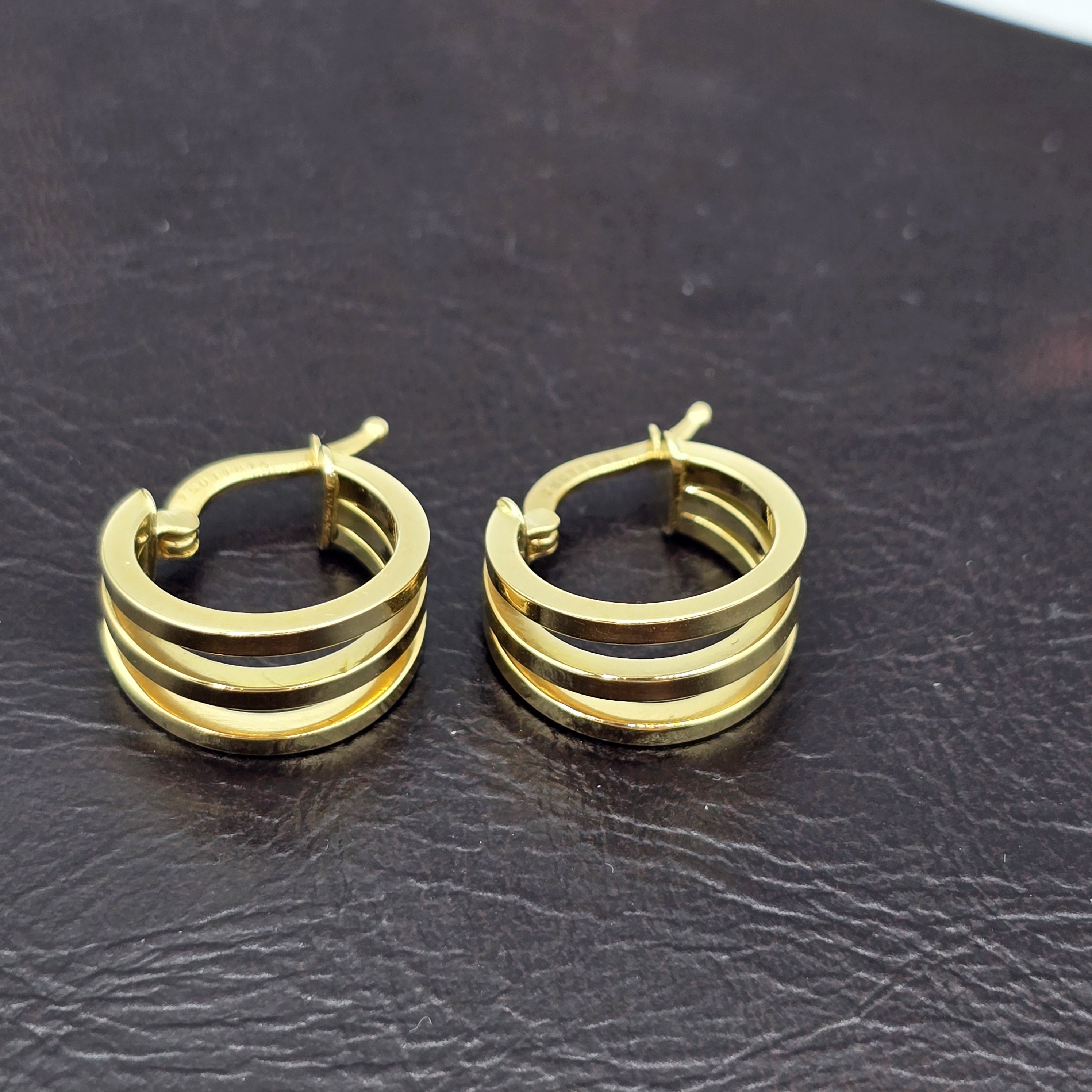 18K Yellow Gold Hoop Earrings, Elegant Triple-Band Design
