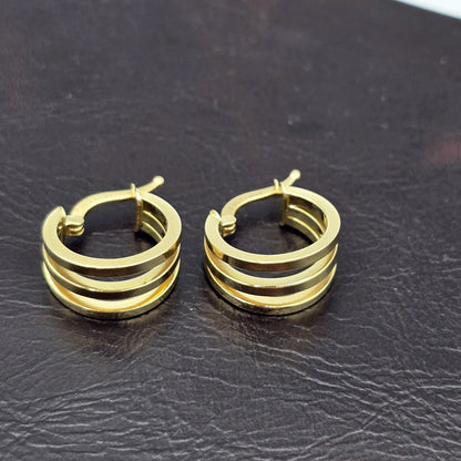 18K Yellow Gold Hoop Earrings, Elegant Triple-Band Design