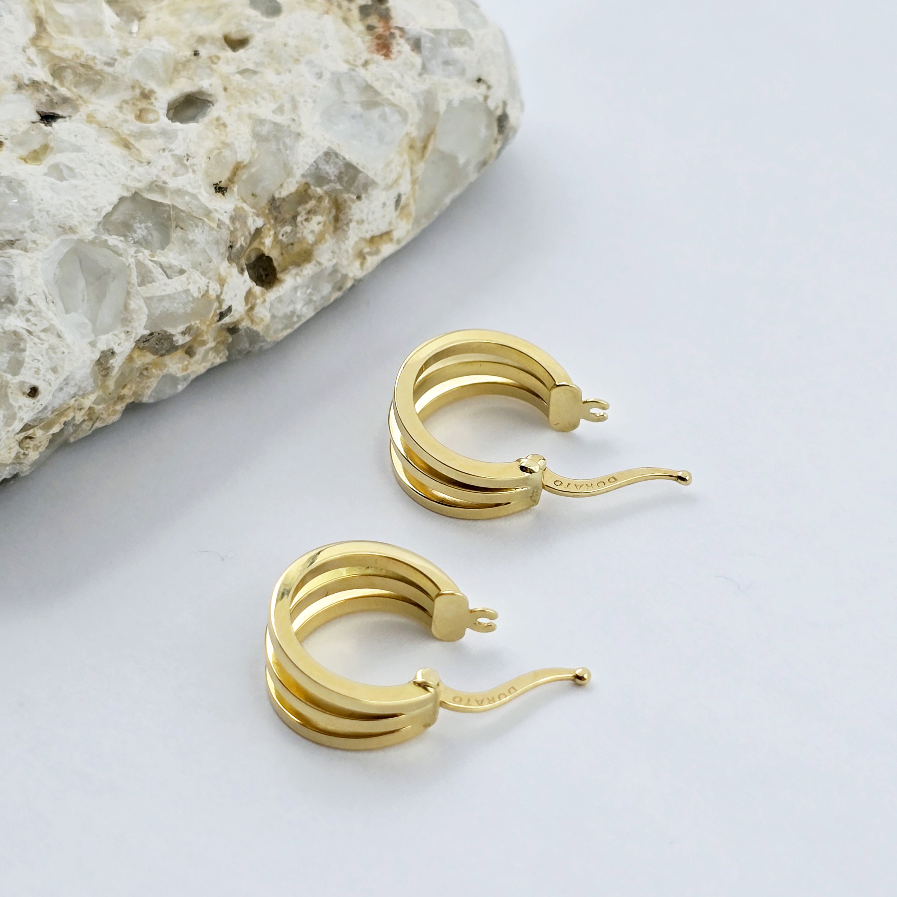 18K Yellow Gold Hoop Earrings, Elegant Triple-Band Design