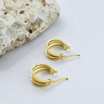 18K Yellow Gold Hoop Earrings, Elegant Triple-Band Design