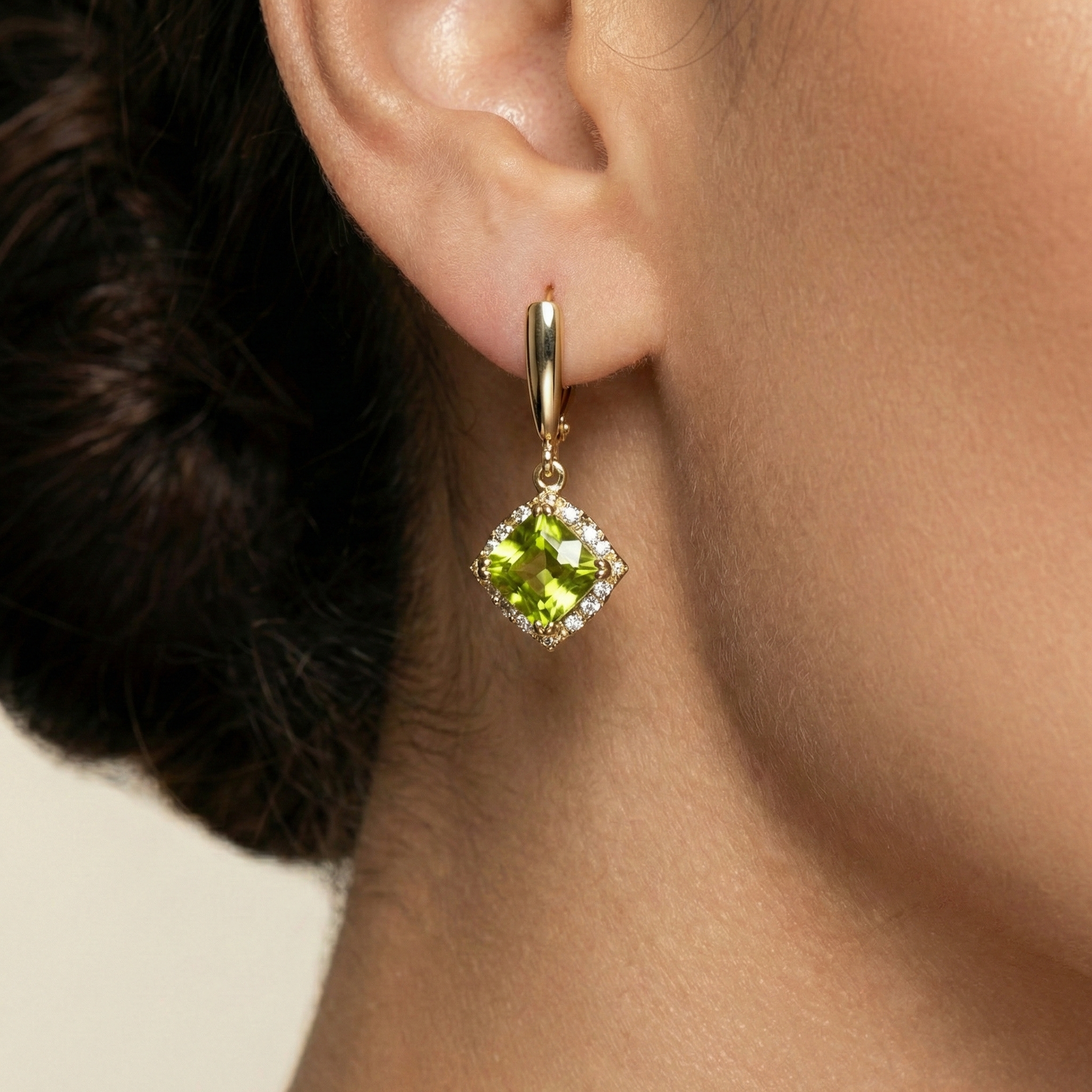 14K Yellow Gold Peridot Drop Earrings, Genuine Diamond Accents