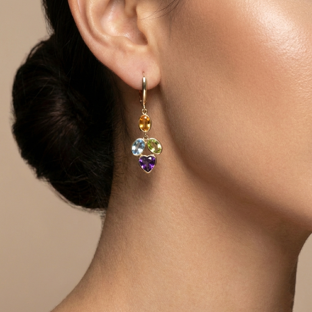 10K Yellow Gold Genuine Gemstone Drop Earrings, Multicolor Stone Earrings, Solid Gold Dangle Earrings, Birthstone Jewelry Gift