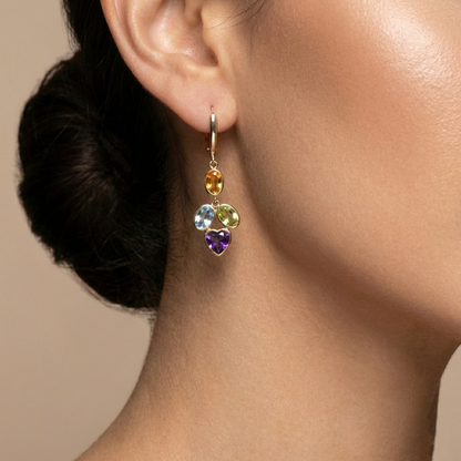 10K Yellow Gold Genuine Gemstone Drop Earrings, Multicolor Stone Earrings, Solid Gold Dangle Earrings, Birthstone Jewelry Gift