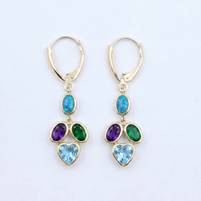 10K Yellow Gold Genuine Gemstone Drop Earrings, Multicolor Stone Earrings, Solid Gold Dangle Earrings, Birthstone Jewelry Gift