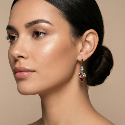 10K Yellow Gold Genuine Gemstone Drop Earrings, Multicolor Stone Earrings, Solid Gold Dangle Earrings, Birthstone Jewelry Gift