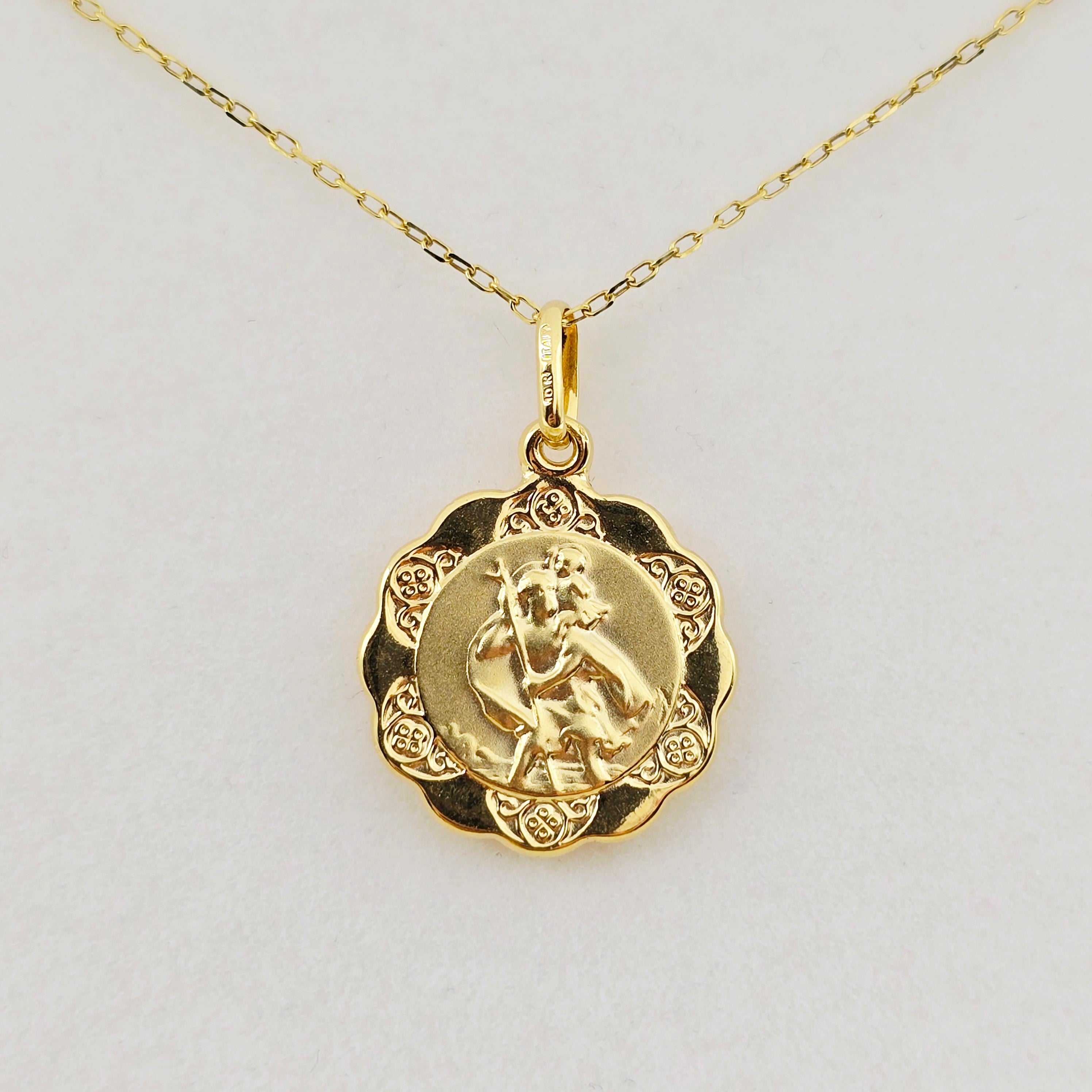 10K Solid Gold Pendant Cherub Angel or St. Christopher – Filigree Scalloped Border – Religious Medal Necklace , Gift for Her or Him
