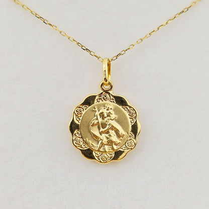 10K Solid Gold Pendant Cherub Angel or St. Christopher – Filigree Scalloped Border – Religious Medal Necklace , Gift for Her or Him