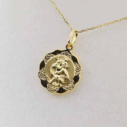 10K Solid Gold Pendant Cherub Angel or St. Christopher – Filigree Scalloped Border – Religious Medal Necklace , Gift for Her or Him