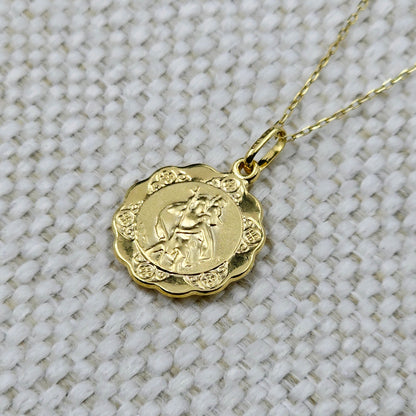 10K Solid Gold Pendant Cherub Angel or St. Christopher – Filigree Scalloped Border – Religious Medal Necklace , Gift for Her or Him