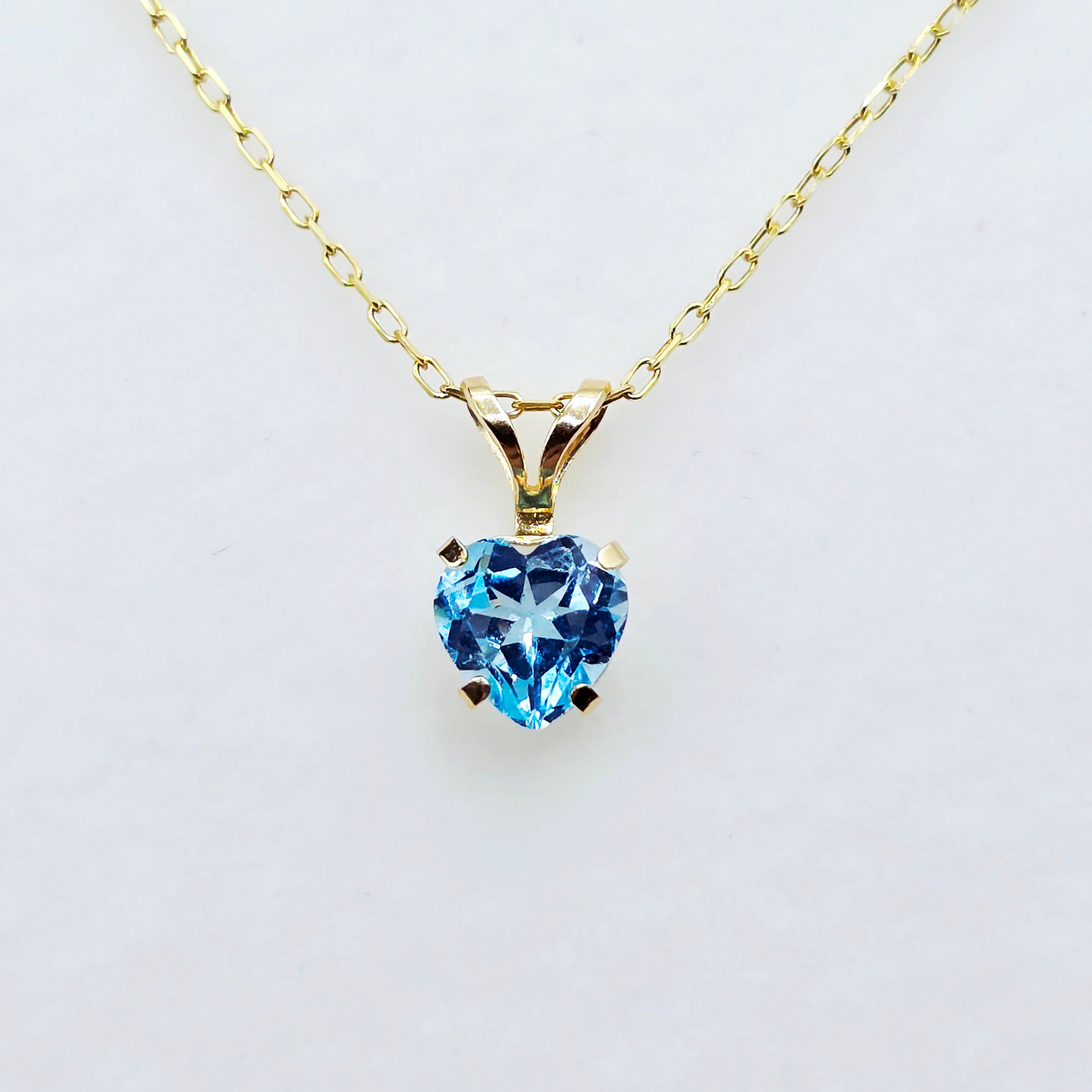 10K Solid Gold Blue Topaz Pendant Necklace , Genuine Blue Topaz Heart Necklace Charm in Solid Gold