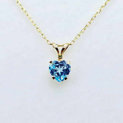 10K Solid Gold Blue Topaz Pendant Necklace , Genuine Blue Topaz Heart Necklace Charm in Solid Gold