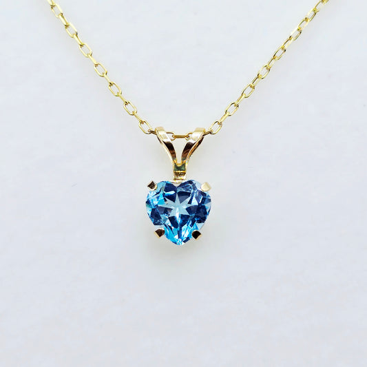 10K Solid Gold Blue Topaz Pendant Necklace , Genuine Blue Topaz Heart Necklace Charm in Solid Gold